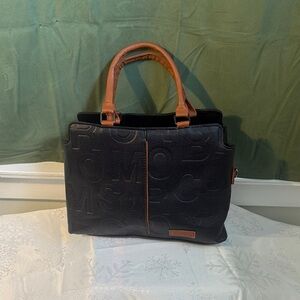 Chic Black Embossed Tote with Brown Handles